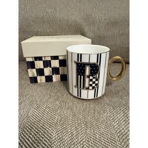 MacKenzie Childs My Mug Coffee Cup White Black Gold Initial B Design